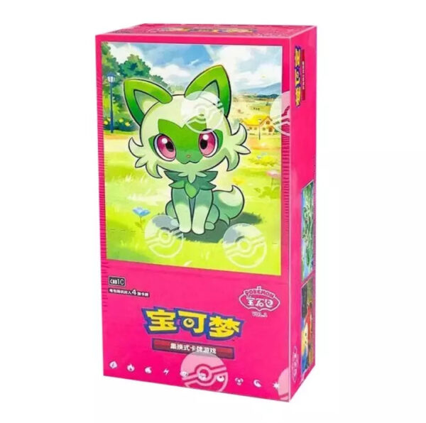 Pokémon boosterbox met groene kat op roze achtergrond, deel van de Chinese Gem Pack serie.